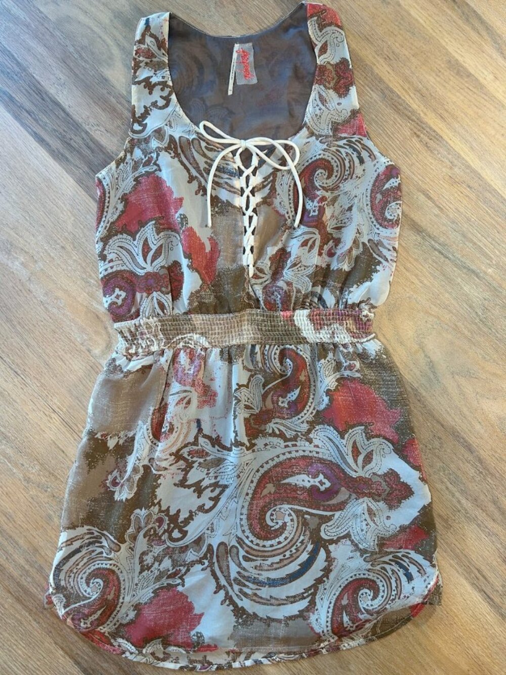 Vintage Free People Y2K Paisley Lace Up Corset Smocked Tunic Mini Dress XS